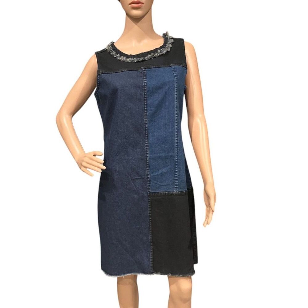 HOPE & HARLOW Sleeveless Cotton Denim Patchwork Frayed Neckline Dress 6